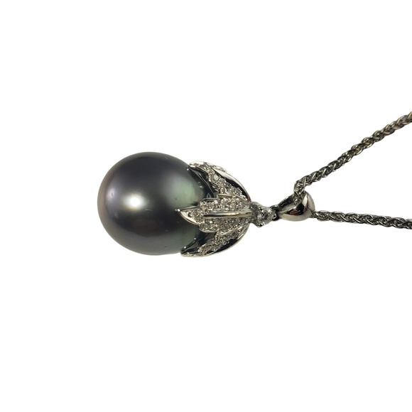 Vintage 18K White Gold Tahitian Pearl Diamond Pendant Necklace JAGi cert. #13701 - Picture 2 of 9
